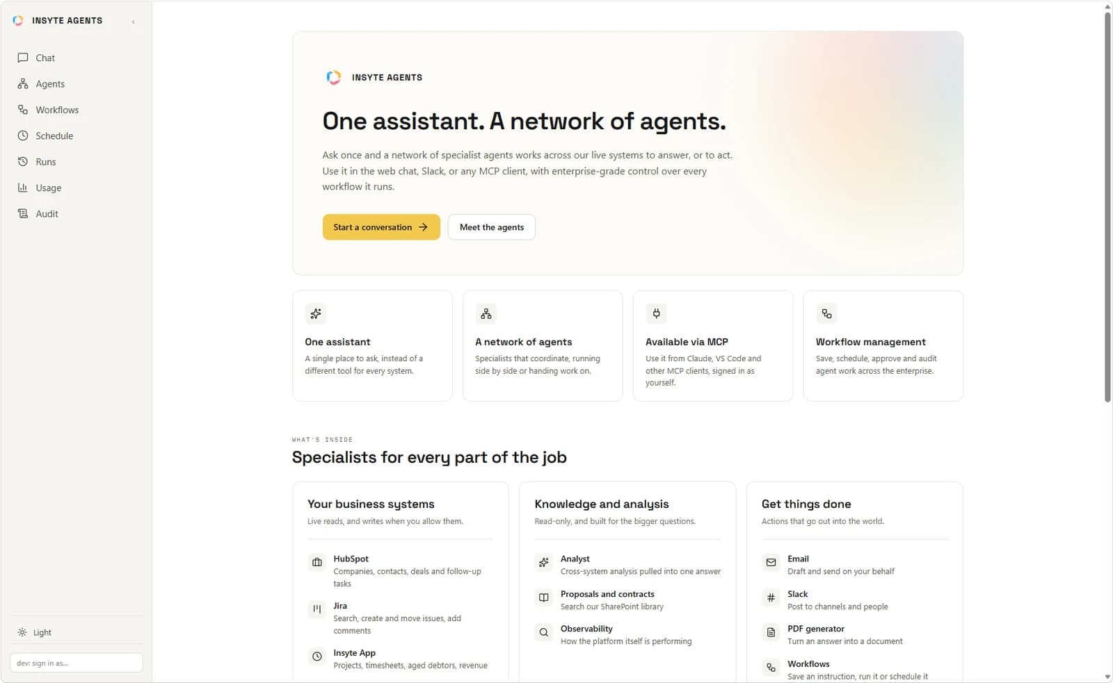 The InsytesAgents home page: one assistant and a network of agents, with chat, agents, workflows, schedule, runs, usage and audit in the menu