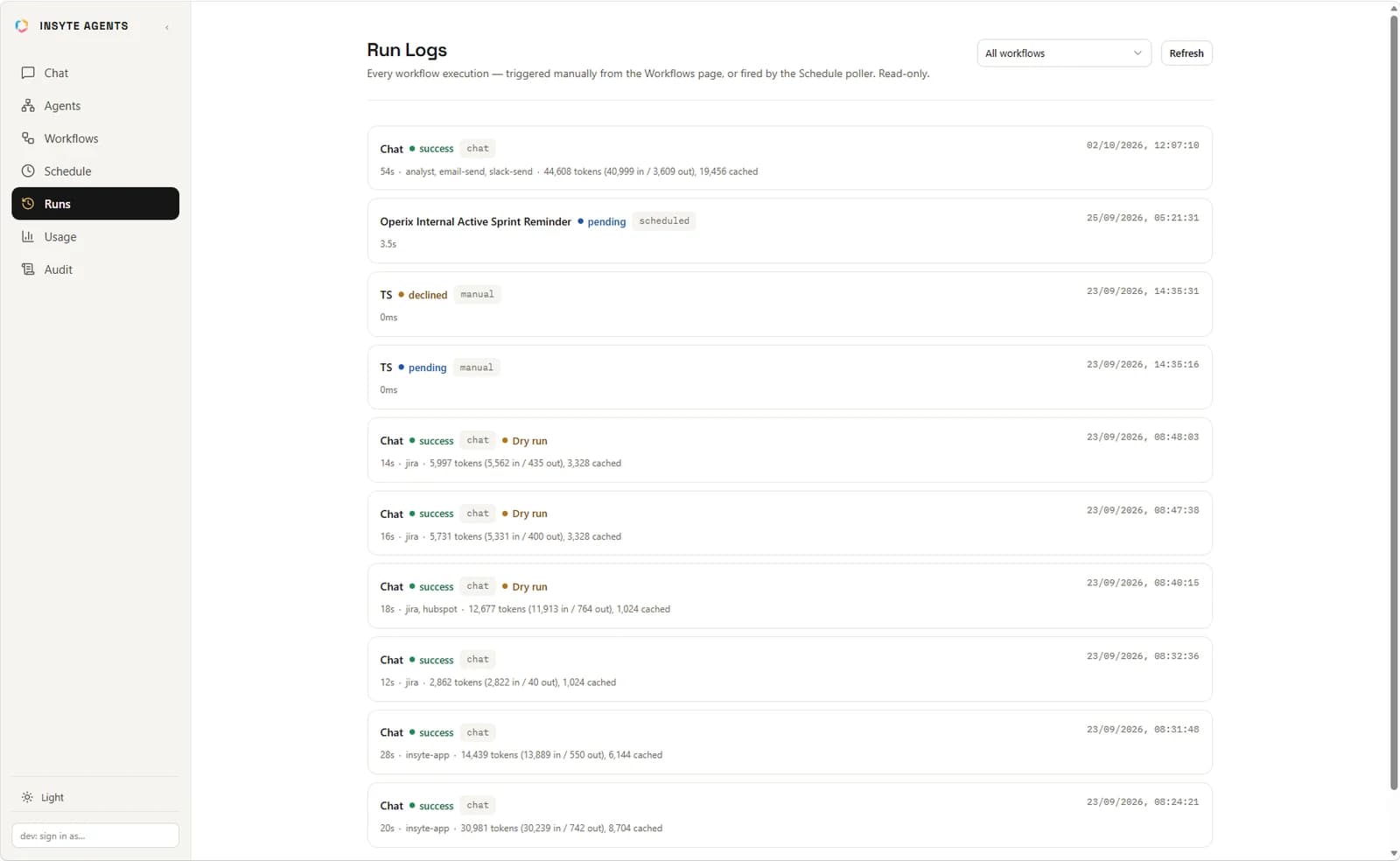 Run logs listing each workflow execution with its status, duration, agents used and token counts
